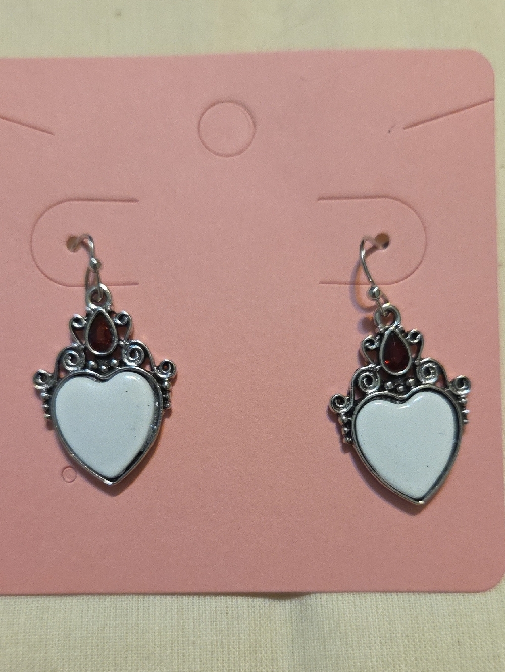White Heart Drop Earrings with Red Accent - Women Jewelry